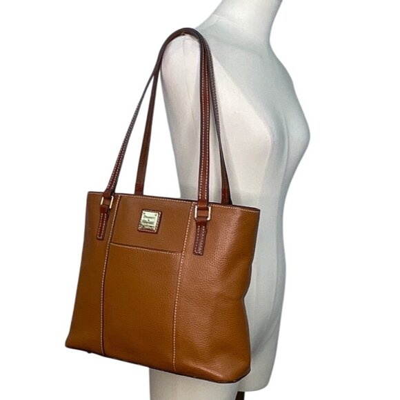 Dooney & Bourke Tan Brown Pebbled Leather Gold Accents Double Strap Shoulder Bag - Picture 2 of 16